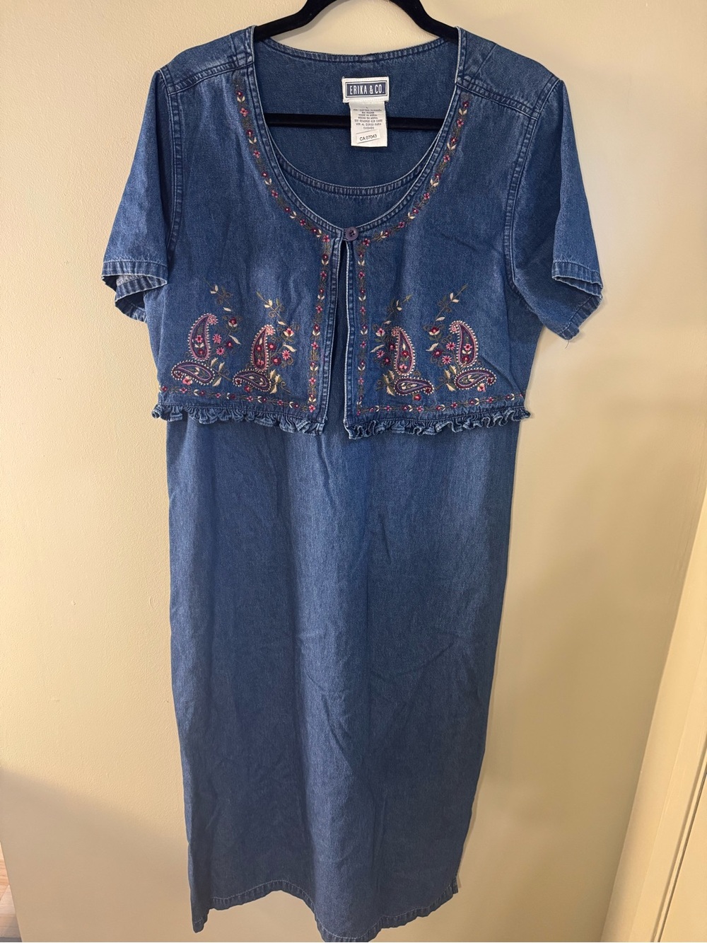 ERIKA & CO Embroidered Denim Y2K Midi Dress LARGE Boho Cottagecore 100% Cotton
